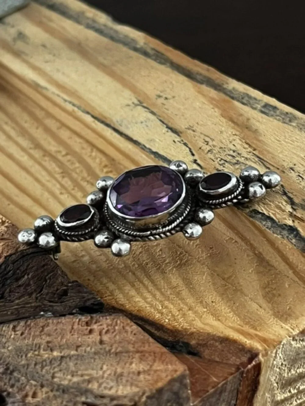 Vintage Sterling Silver Garnet Alexandrite Brooch Pin